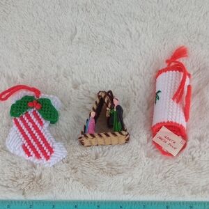Holiday Ornament Trio with Red and White Stocking